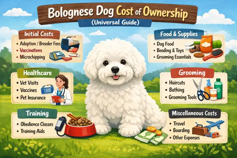 Bolognese dog cost breakdown including puppy price, monthly expenses, grooming costs, vet bills, and lifetime ownership costs