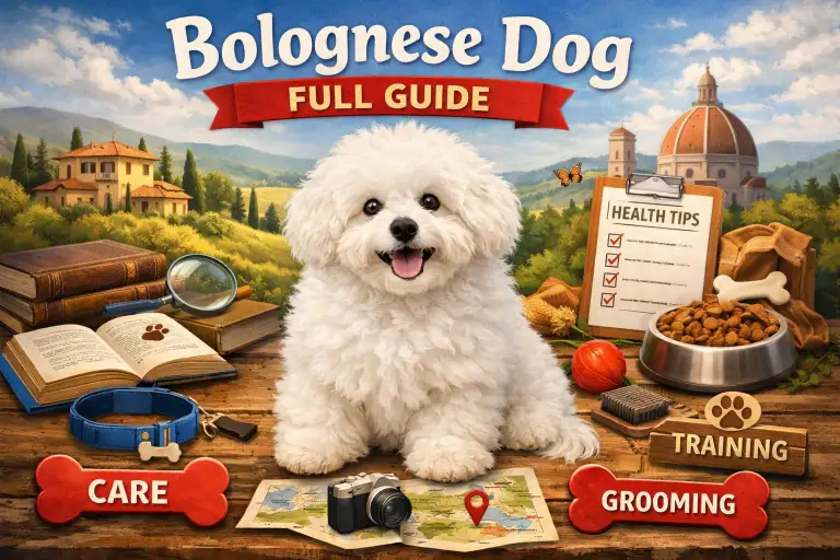 Bolognese dog breed showing its fluffy white coat, compact size, and companion temperament