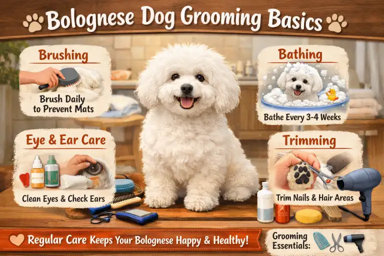 Bolognese dog grooming guide showing coat care, brushing, and grooming maintenance