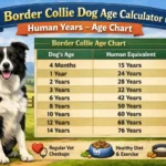 Border Collie puppy and adult dog showing age stages from dog years to human years