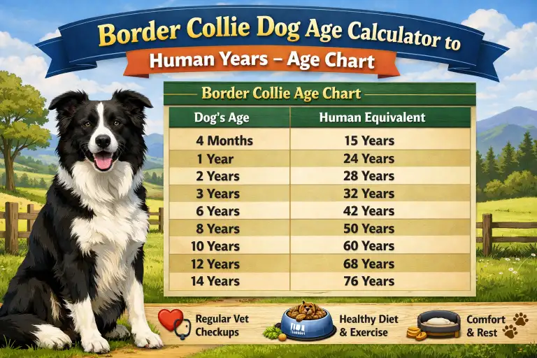 Border Collie puppy and adult dog showing age stages from dog years to human years