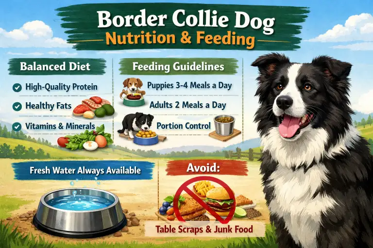 Border Collie eating from a bowl as part of an age-based feeding chart and diet guide