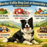 Border Collie with food, toys, grooming supplies, and care items showing the cost of ownership