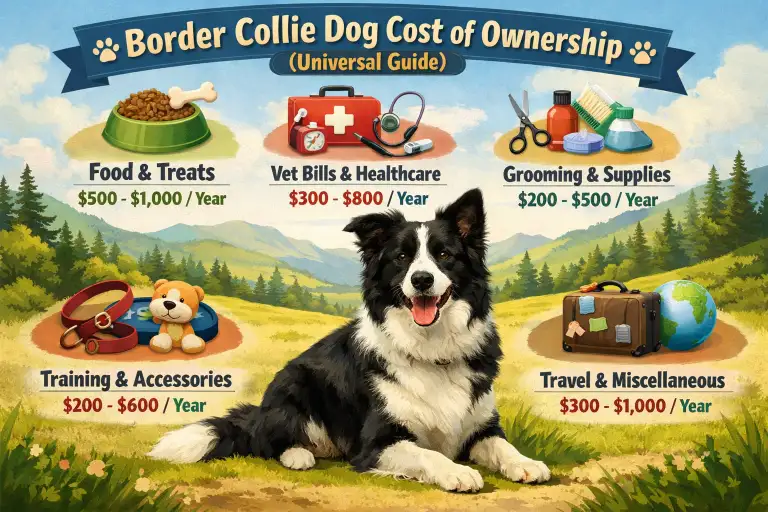 Border Collie with food, toys, grooming supplies, and care items showing the cost of ownership