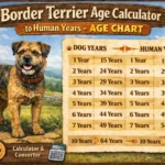 Border Terrier age chart comparing dog years to human years for different life stages and age ranges.