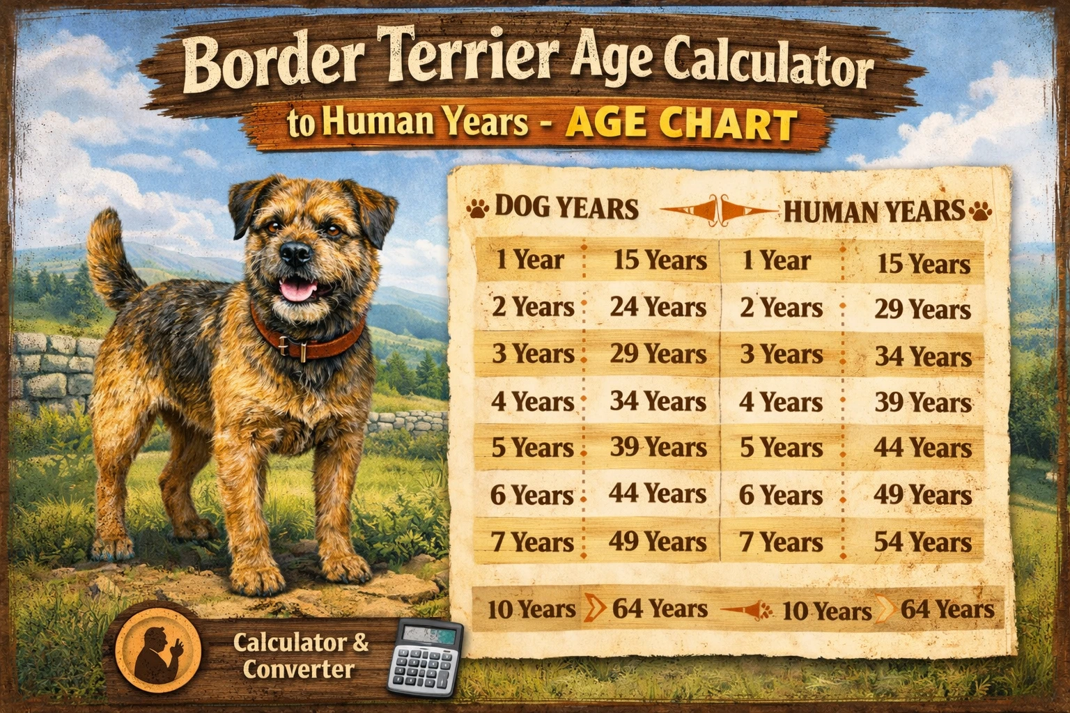 Border Terrier age chart comparing dog years to human years for different life stages and age ranges.