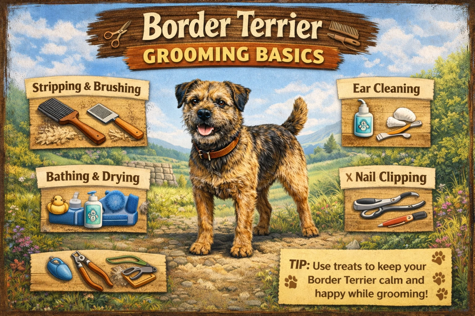 Border Terrier with wiry coat showing grooming, brushing, hand stripping, and coat care needs
