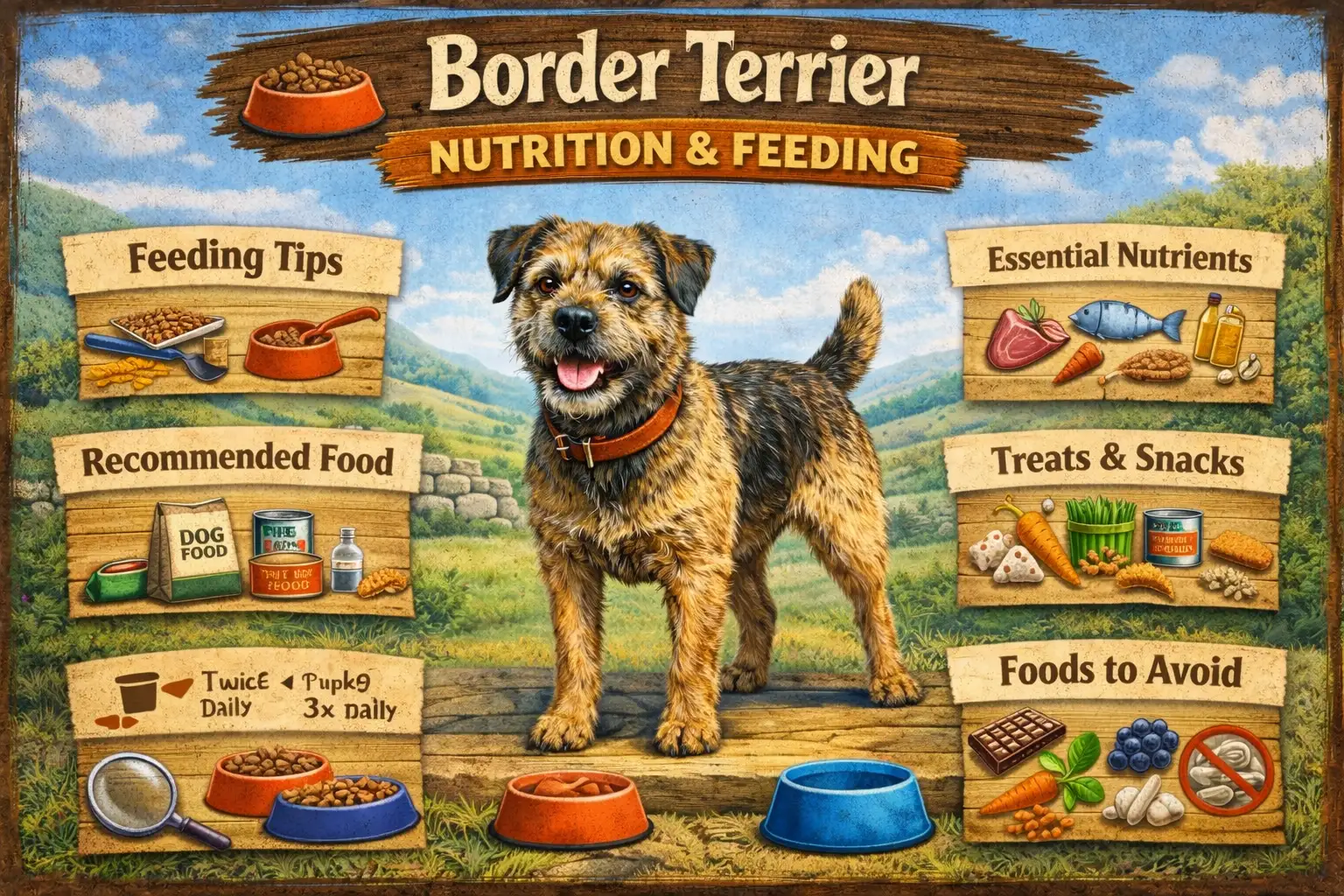 Border Terrier feeding guide showing food amounts, diet chart, portion sizes, and nutrition tips