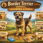 Border Terrier learning basic obedience training with owner outdoors