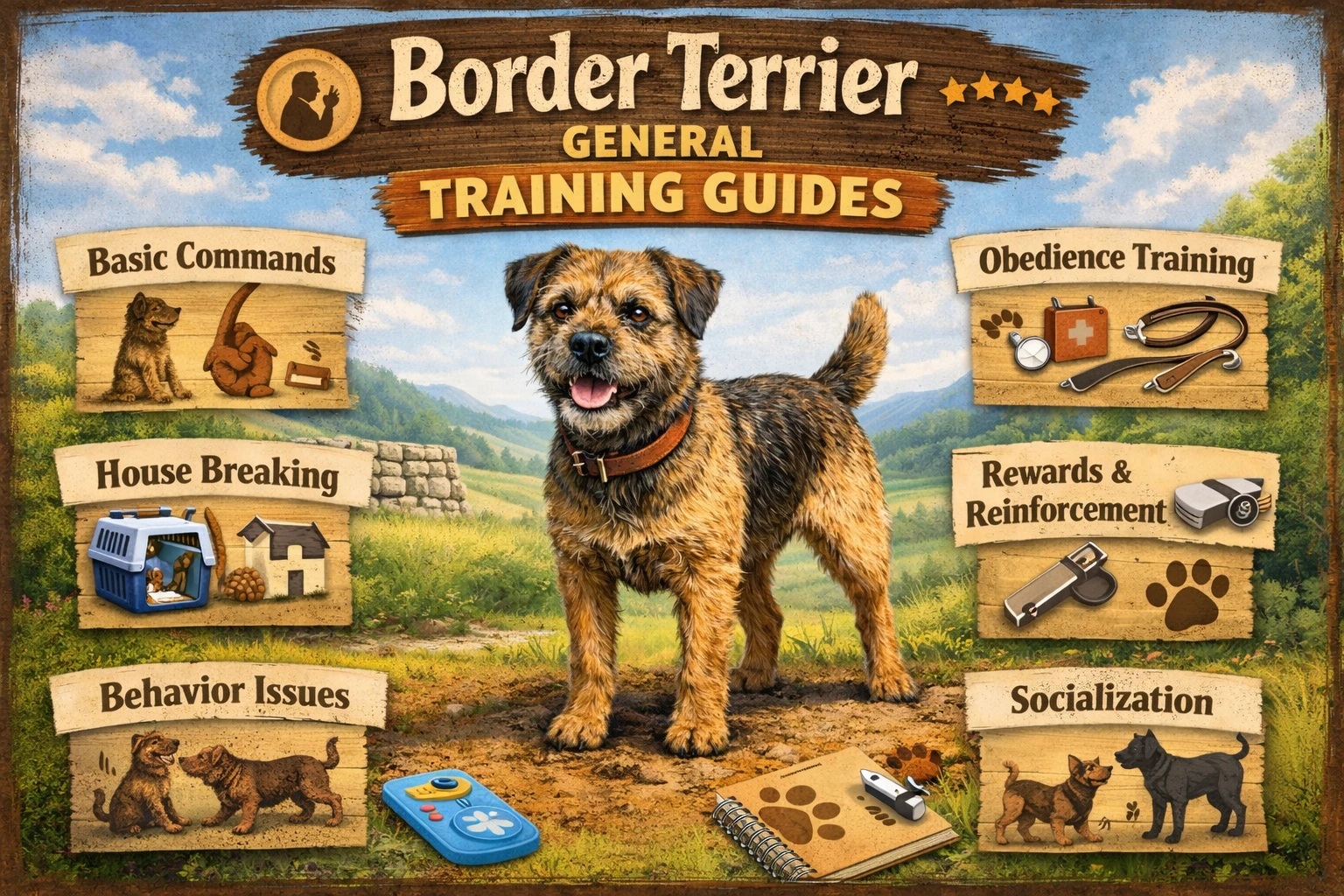 Border Terrier learning basic obedience training with owner outdoors