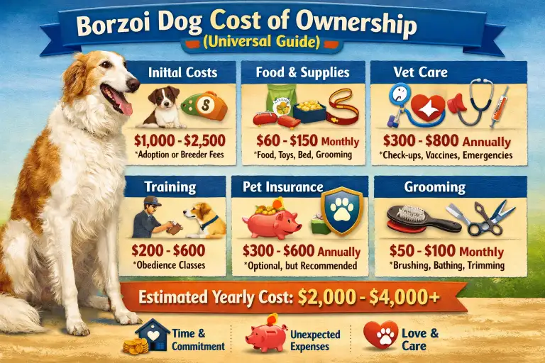 Borzoi dog ownership costs including feeding, grooming, and healthcare