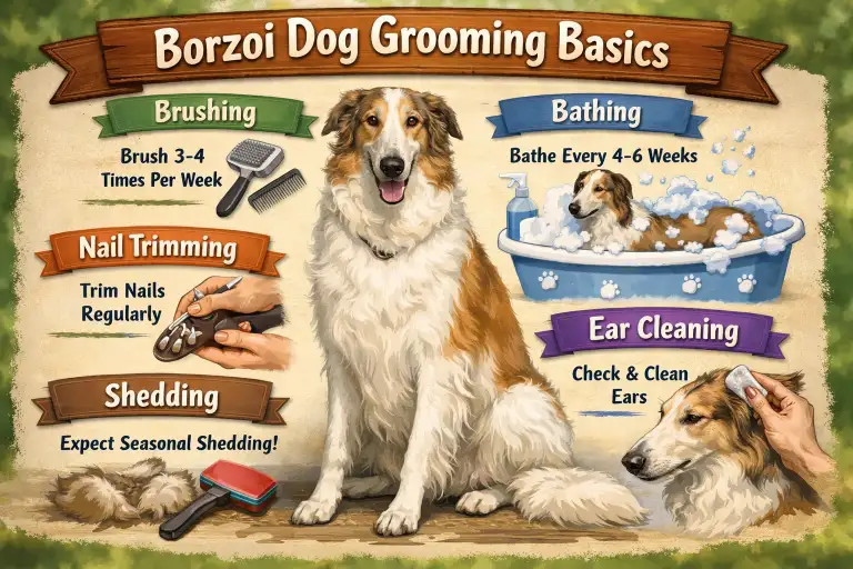Grooming a Borzoi dog coat with brushing and hygiene care