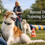 borzoi dog training session showing an adult borzoi calmly working with a handler in an outdoor field
