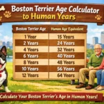 Boston Terrier age chart showing dog years to human years by life stage