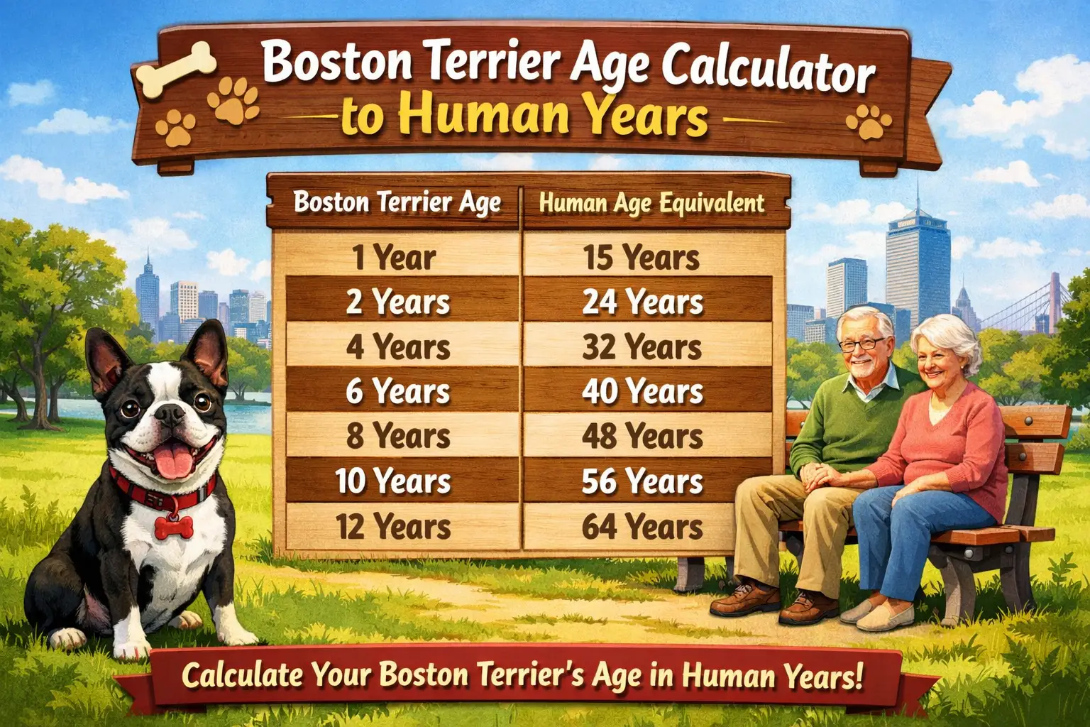 Boston Terrier age chart showing dog years to human years by life stage