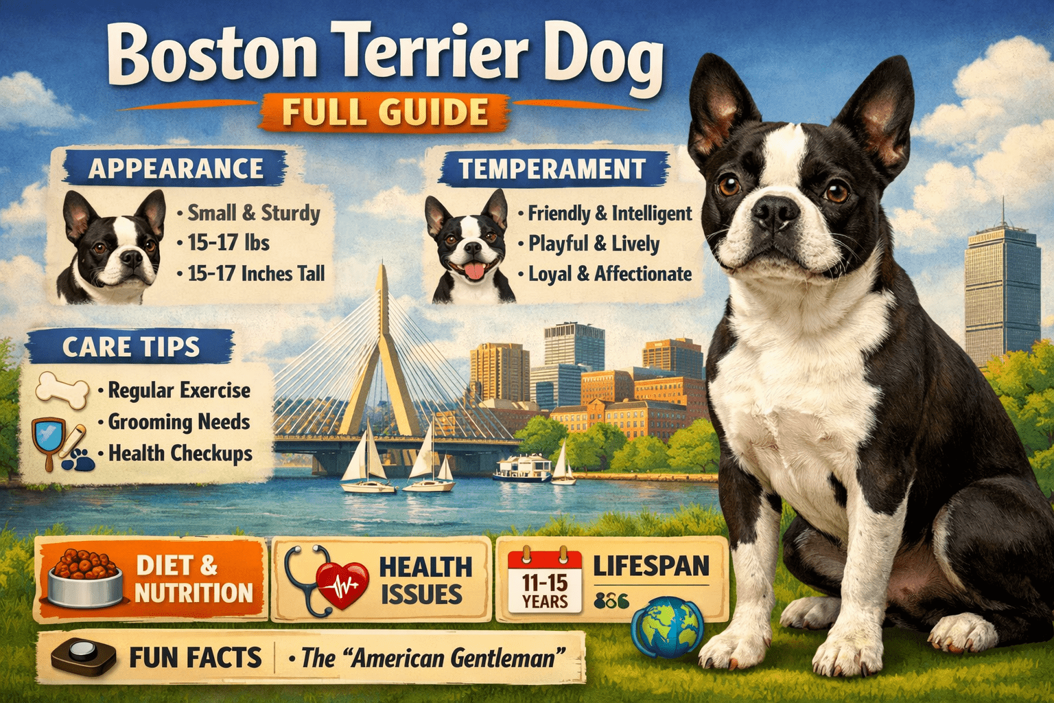 Boston Terrier dog with black and white tuxedo coat standing alert outdoors