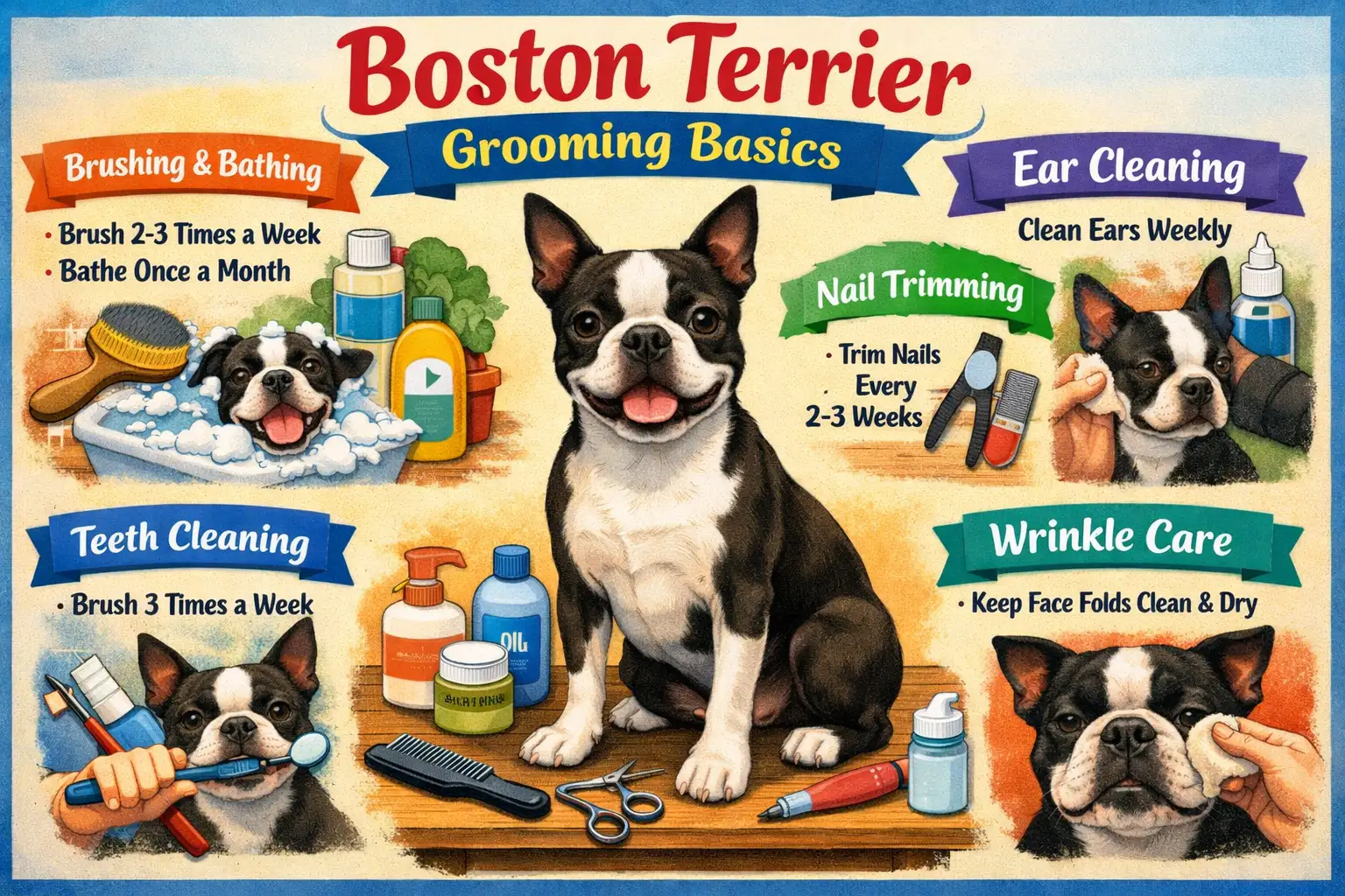 Boston Terrier being brushed during a home grooming routine for shedding and coat care