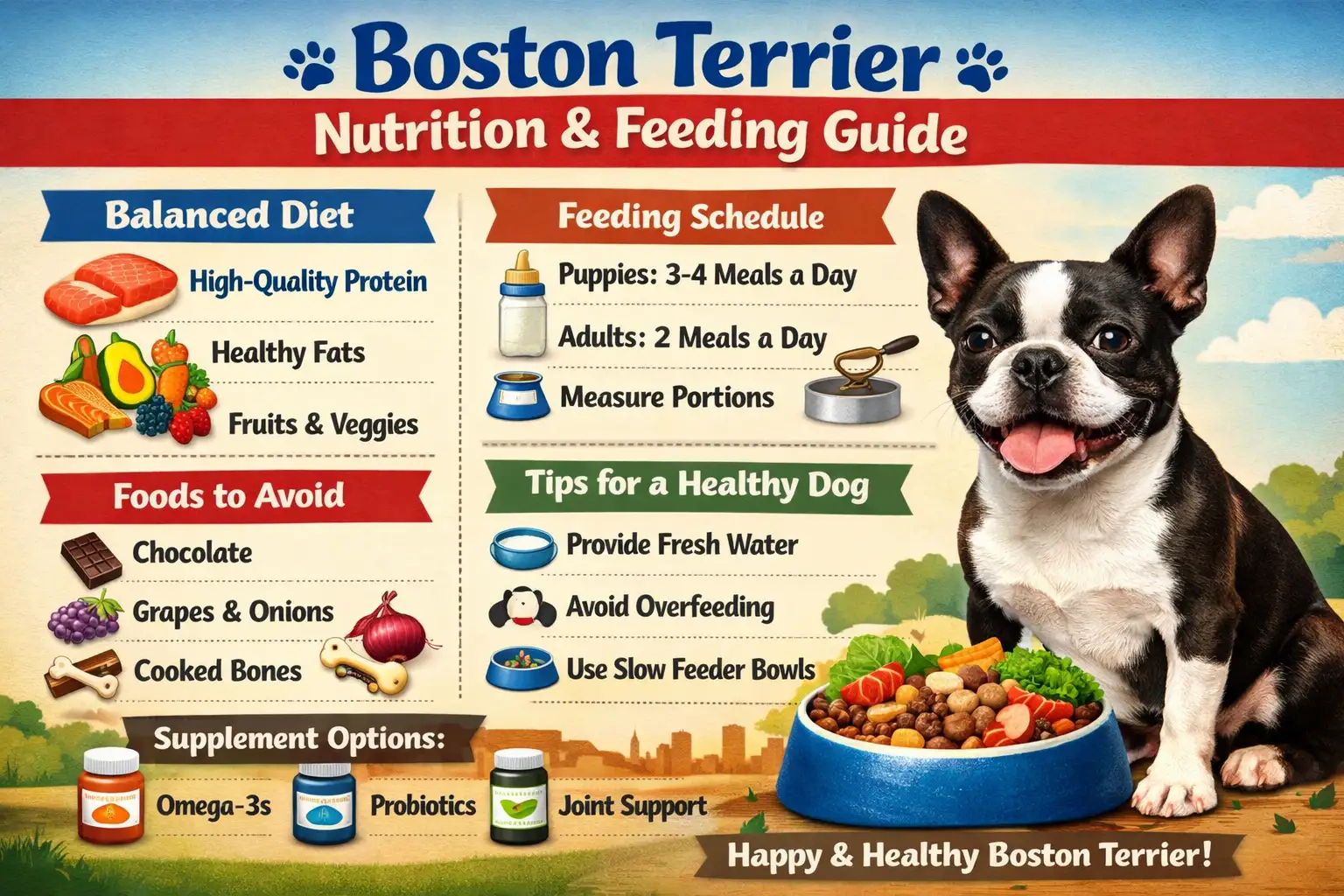 Boston Terrier nutrition and feeding guide showing a Boston Terrier beside a measured food bowl and healthy dog food