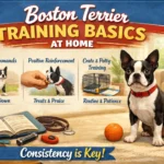 Boston Terrier practicing obedience training and calm behavior indoors with owner guidance