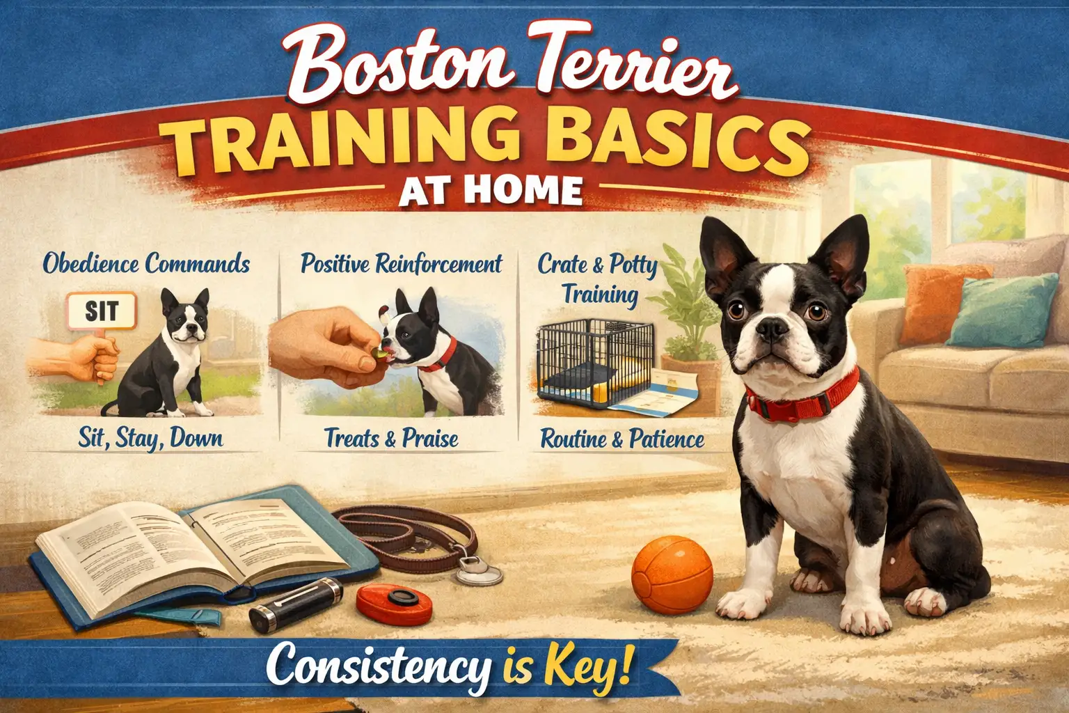 Boston Terrier practicing obedience training and calm behavior indoors with owner guidance