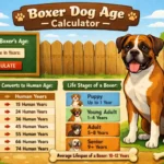 Boxer dog age chart showing Boxer age in human years from puppy to senior life stages