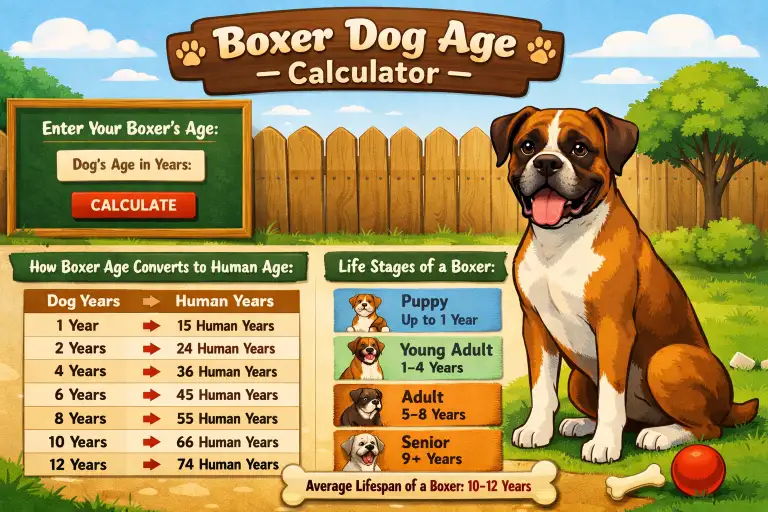 Boxer dog age chart showing Boxer age in human years from puppy to senior life stages