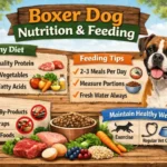 Healthy adult Boxer dog eating a balanced meal with proper body condition and muscular build