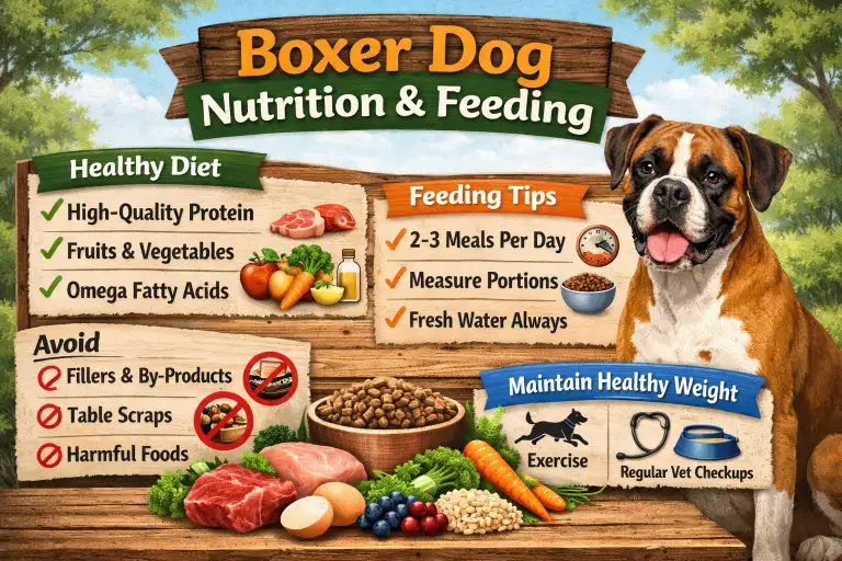 Healthy adult Boxer dog eating a balanced meal with proper body condition and muscular build