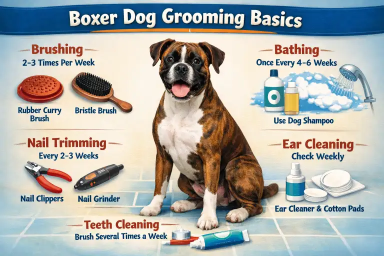 Boxer dog being brushed to control shedding and maintain a healthy short coat.