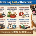 Boxer dog at home with food, toys, and vet supplies showing common Boxer ownership costs.