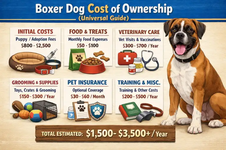Boxer dog at home with food, toys, and vet supplies showing common Boxer ownership costs.