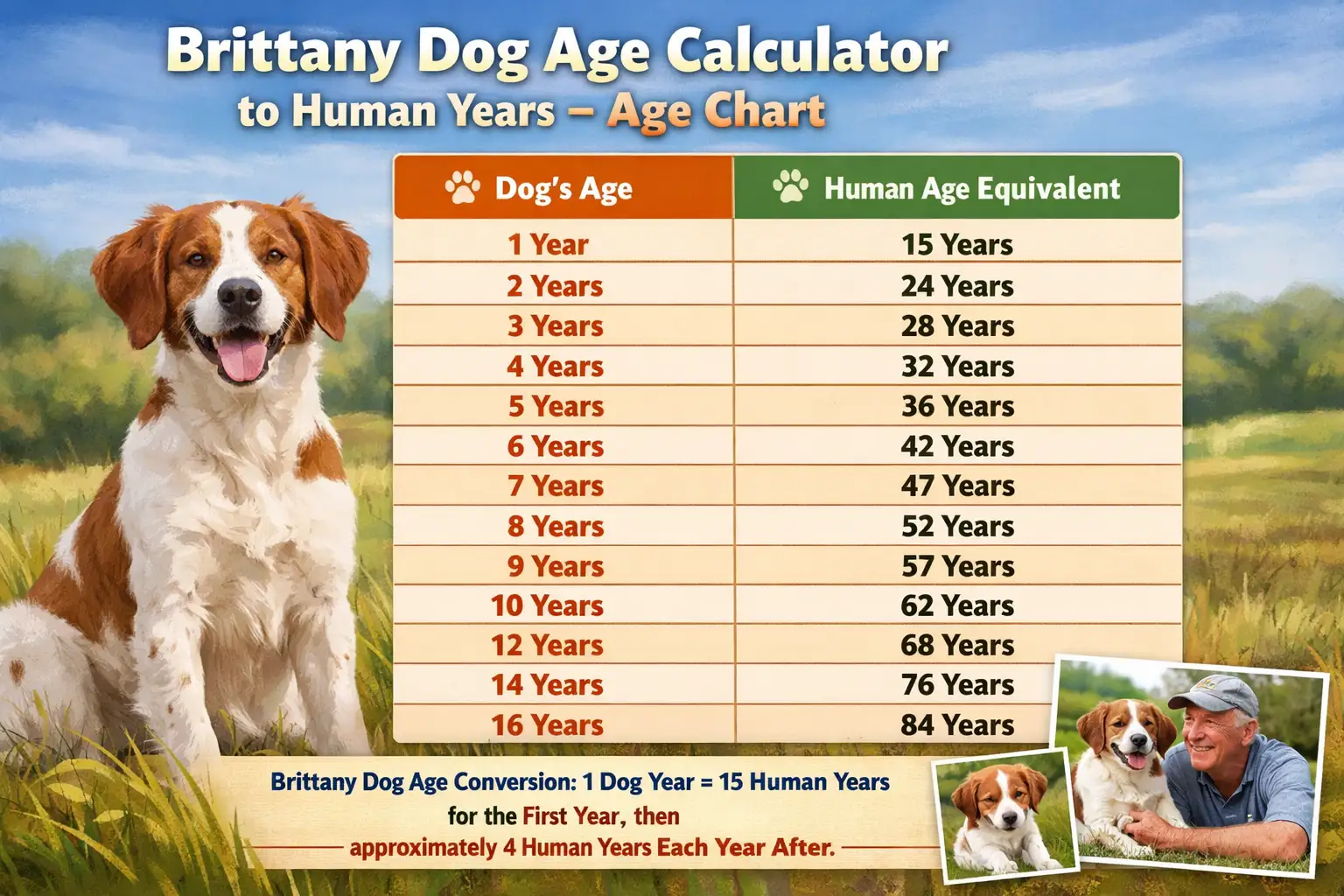 Brittany dog age chart showing dog years compared with human years