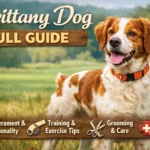 Brittany dog sitting outdoors showing the breed's athletic build, intelligence, and trainable temperament.