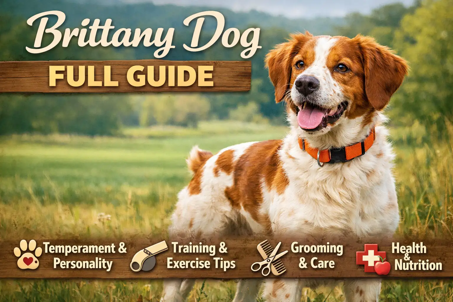 Brittany dog sitting outdoors showing the breed's athletic build, intelligence, and trainable temperament.