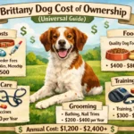 Brittany Spaniel standing in a grassy field, representing puppy price, care expenses, and lifetime ownership costs.