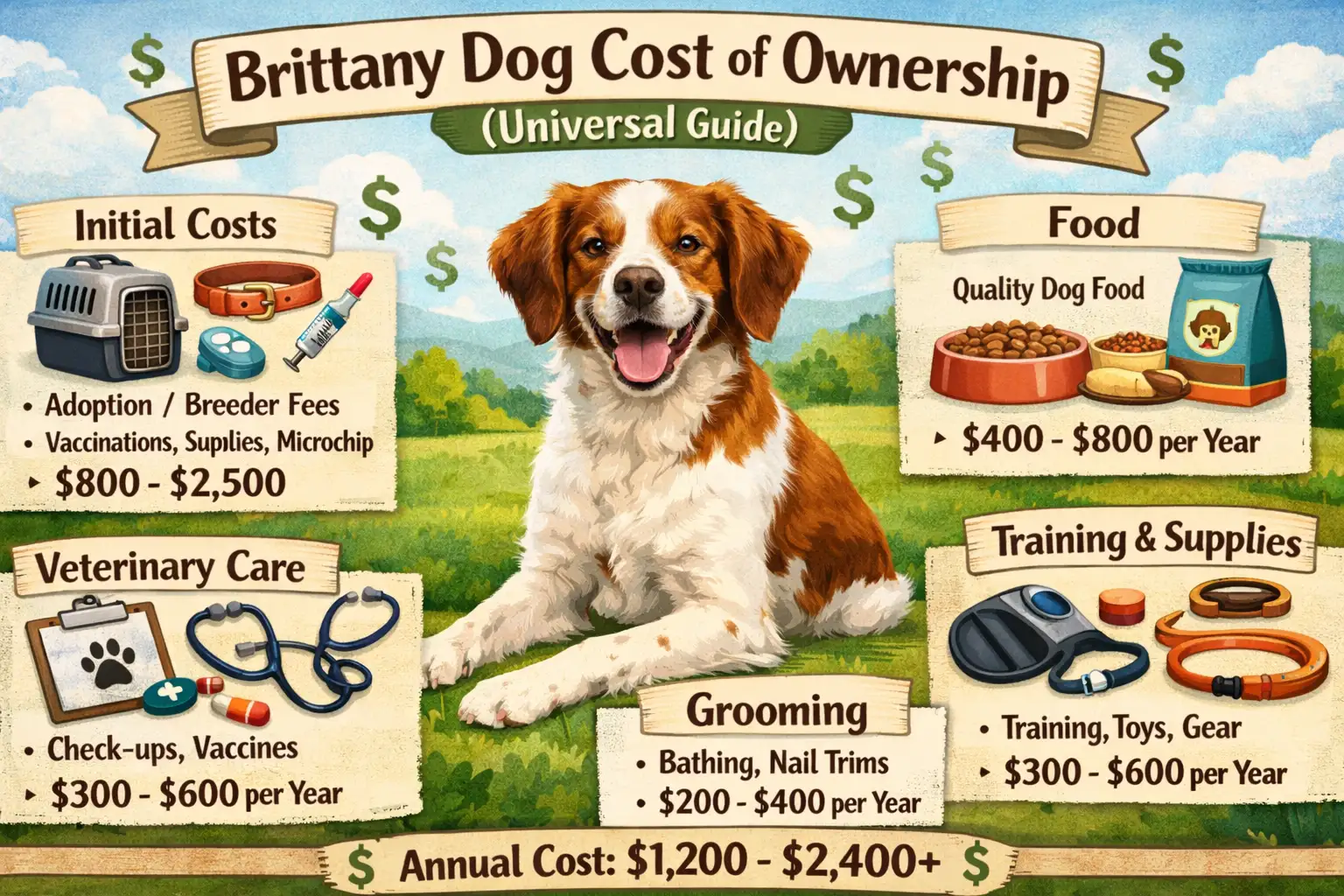 Brittany Spaniel standing in a grassy field, representing puppy price, care expenses, and lifetime ownership costs.