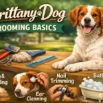 Brittany dog being brushed to maintain its feathered coat and reduce shedding