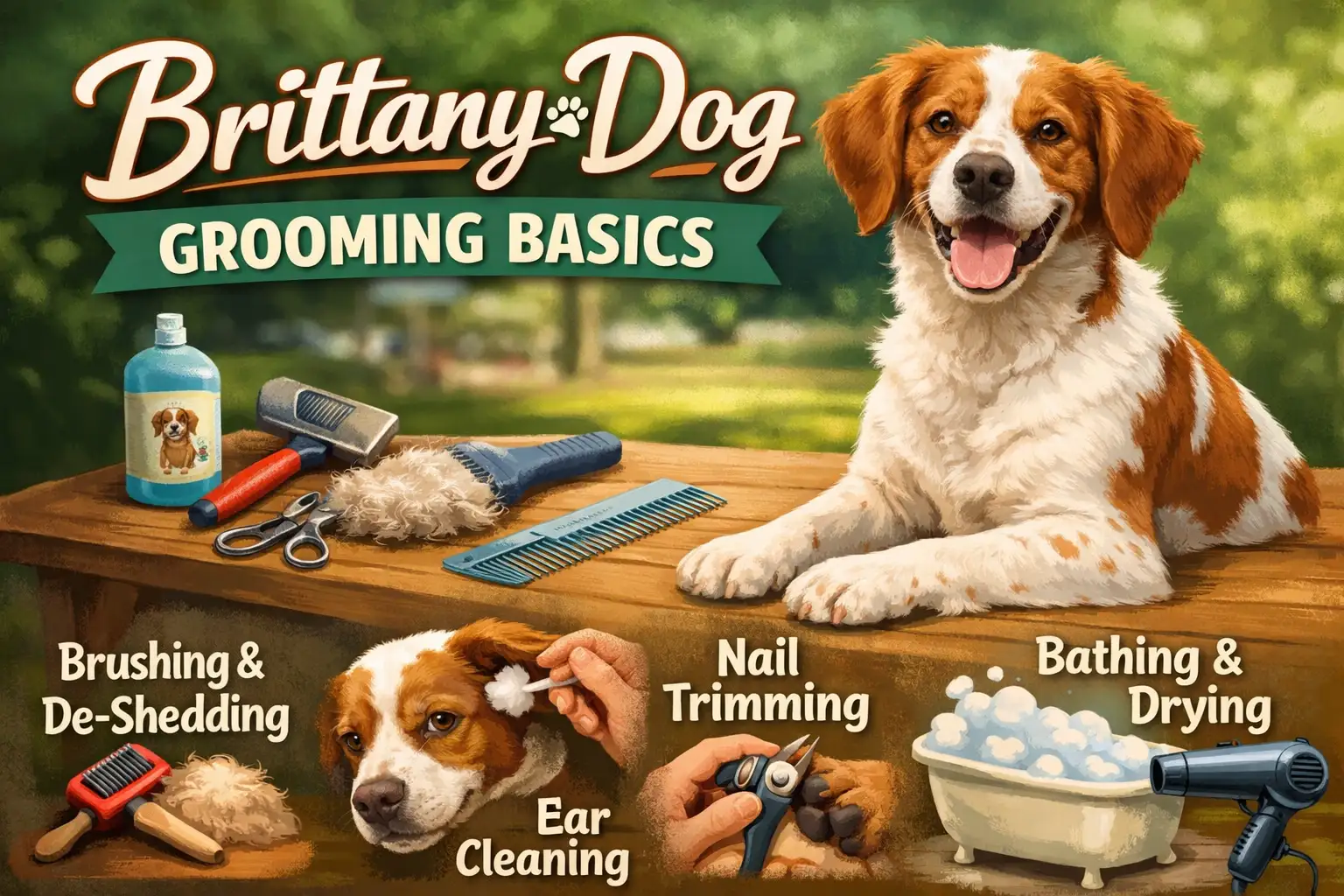 Brittany dog being brushed to maintain its feathered coat and reduce shedding
