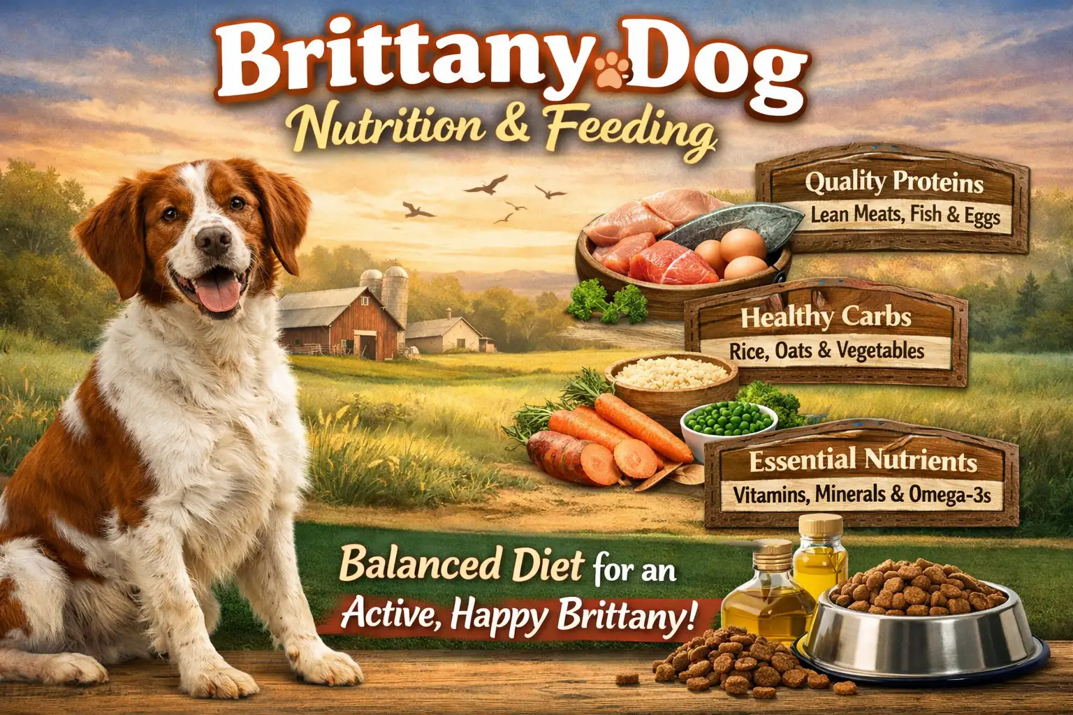 Brittany dog eating a healthy meal as part of a balanced feeding and nutrition plan.