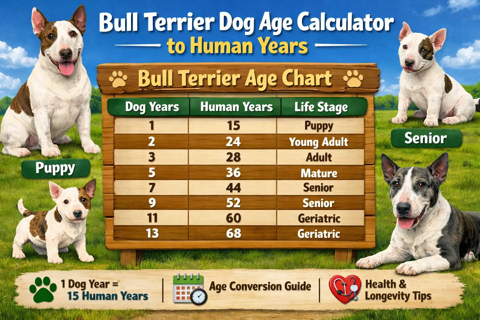 Bull Terrier dog age calculator showing age-to-human years conversion with milestones for puppies, adults, and seniors.