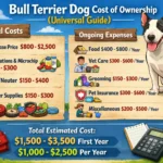 A happy Bull Terrier standing in a yard, illustrating the breed discussed in the Bull Terrier cost of ownership guide
