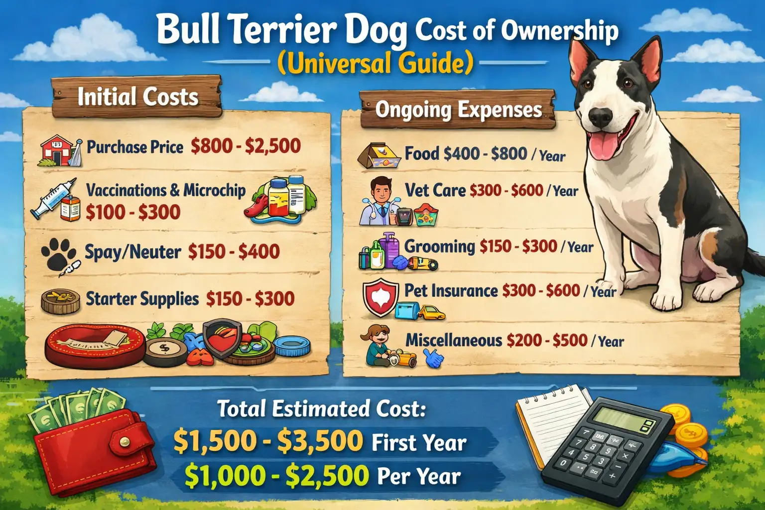 A happy Bull Terrier standing in a yard, illustrating the breed discussed in the Bull Terrier cost of ownership guide