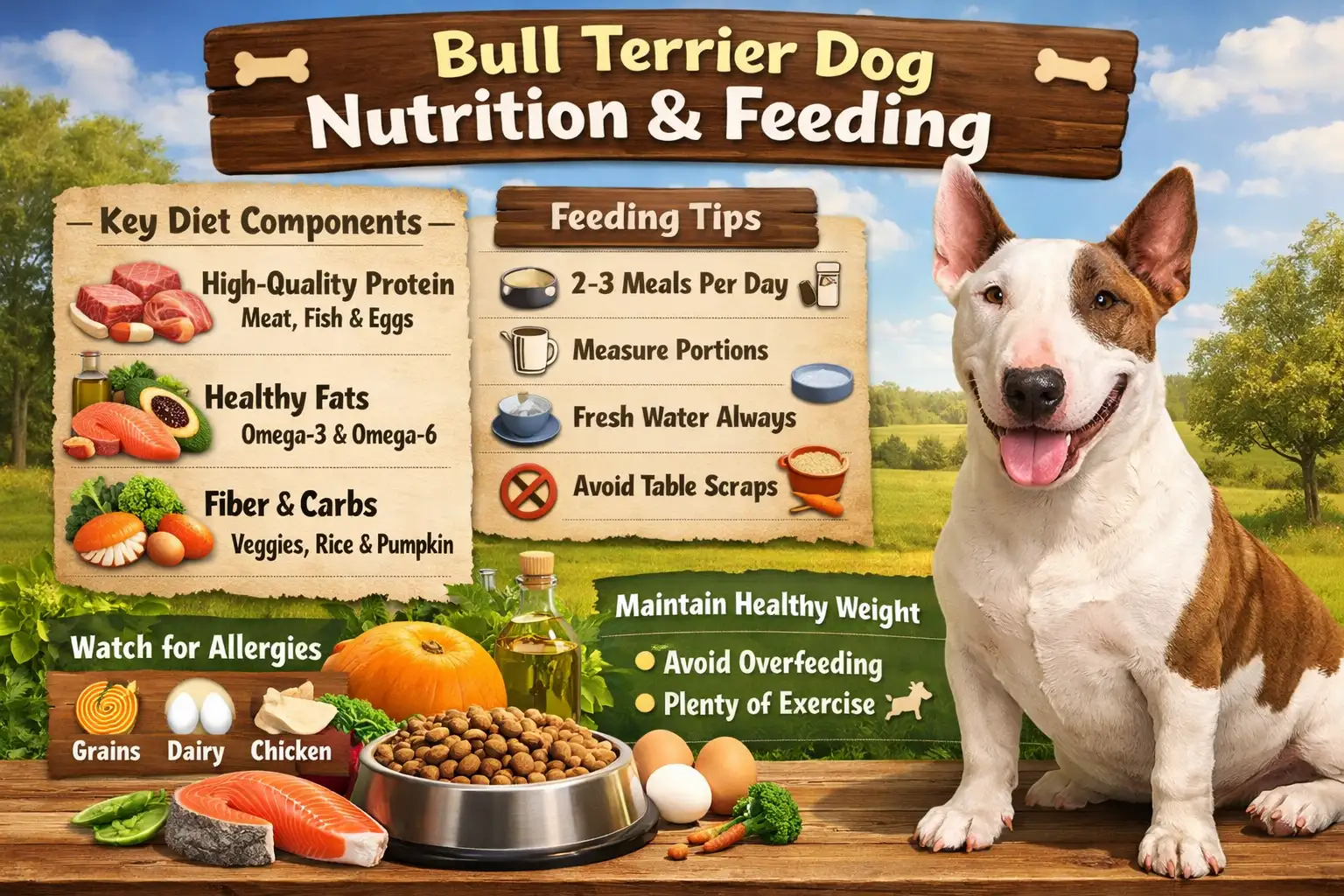 Bull Terrier dog enjoying a healthy meal with proper nutrition