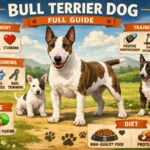 Adult Bull Terrier dog standing outdoors, showing its muscular build, egg-shaped head, and short, dense coat