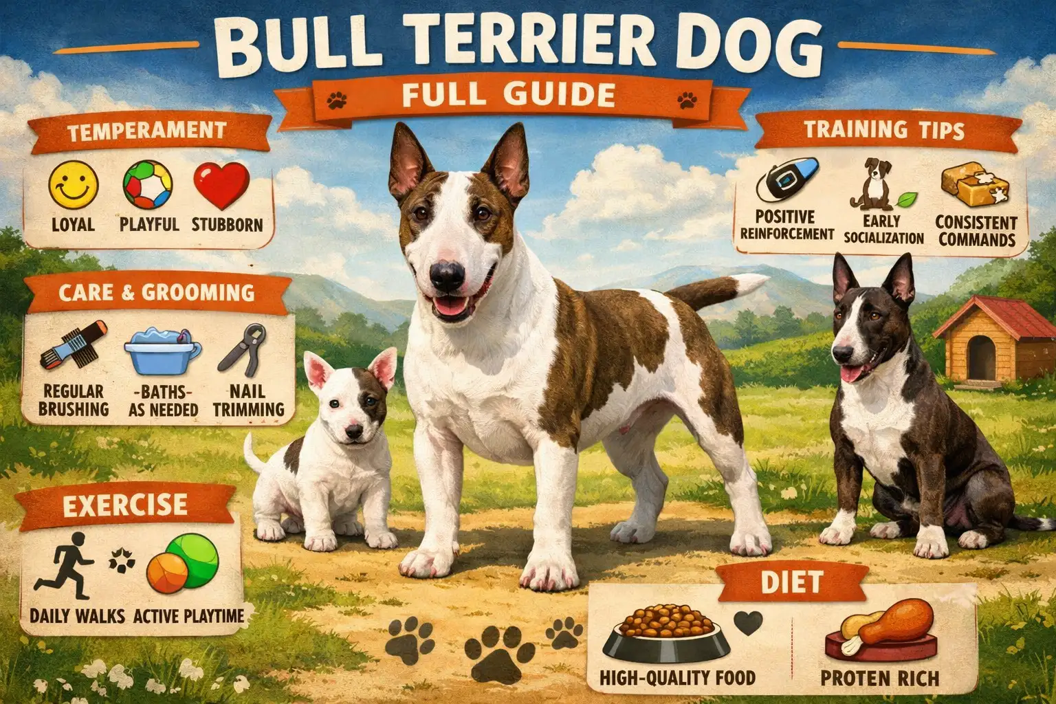 Adult Bull Terrier dog standing outdoors, showing its muscular build, egg-shaped head, and short, dense coat