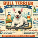 Adult Bull Terrier standing calmly while being brushed with a soft bristle brush