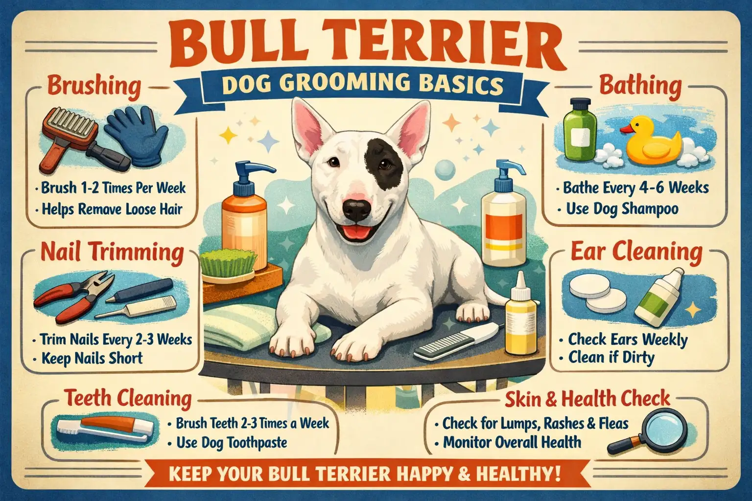 Adult Bull Terrier standing calmly while being brushed with a soft bristle brush