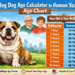 Bulldog sitting beside a Bulldog age chart showing dog years converted to human years