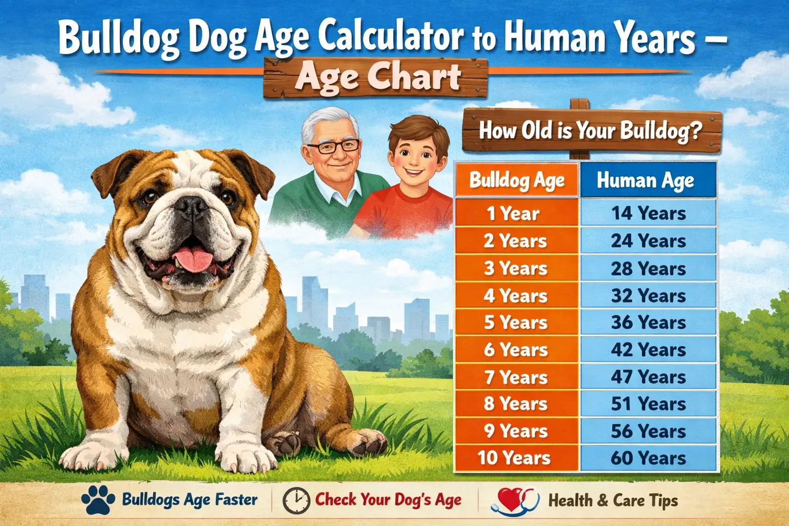 Bulldog sitting beside a Bulldog age chart showing dog years converted to human years
