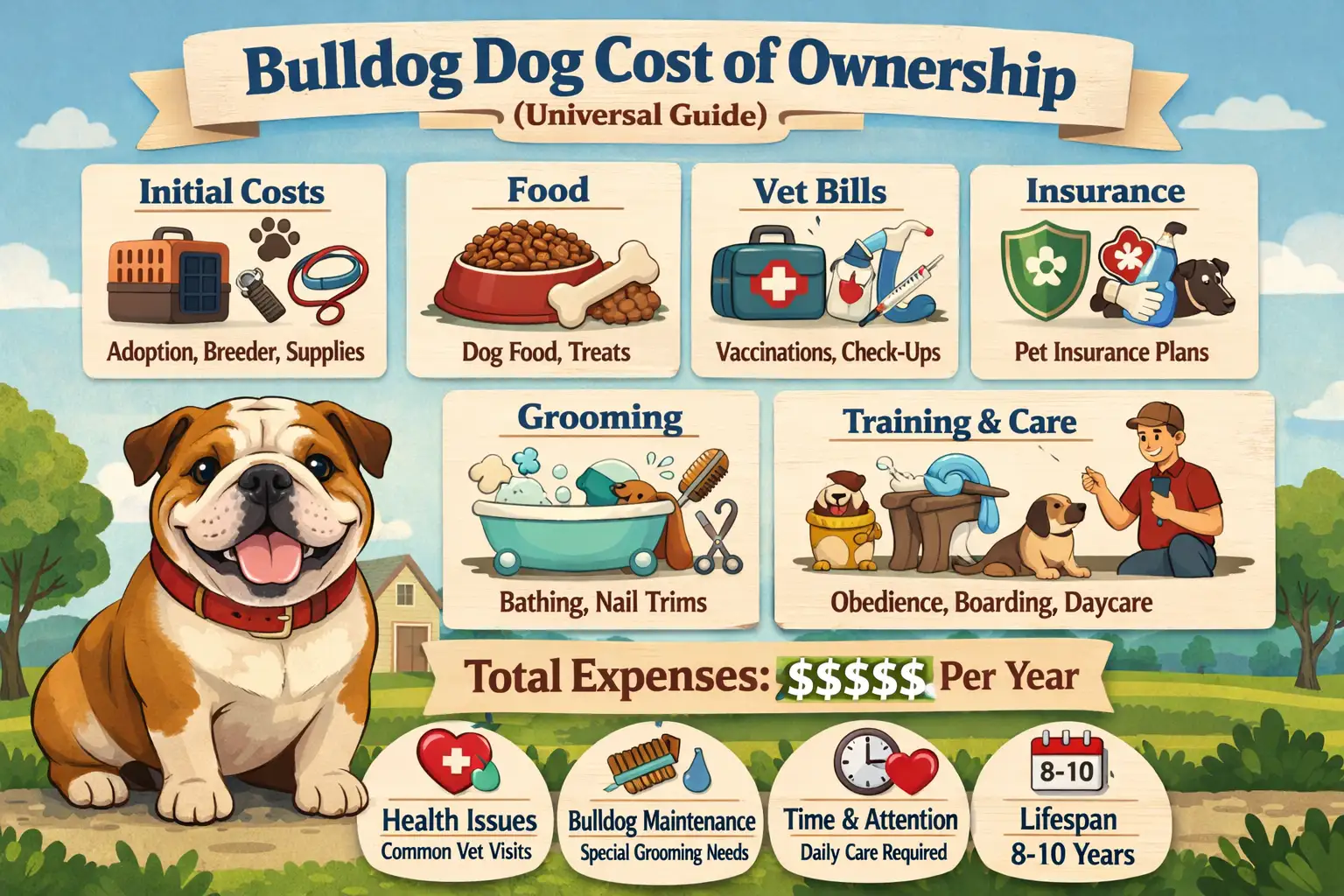 Bulldog sitting indoors for a guide about first-year, monthly, and lifetime ownership costs